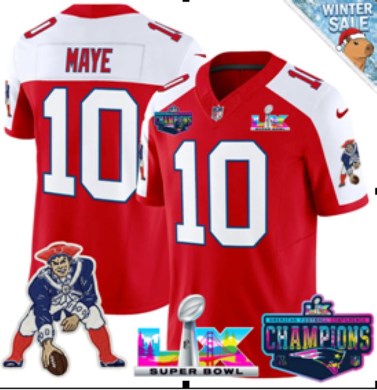 Men 2026 New England Patriots #10 Maye Red Super Bowl Nike Limited NFL Jersey style 05
